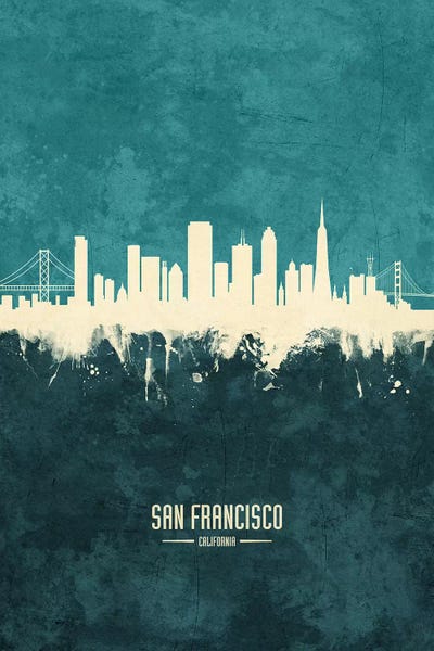 Industrial Office: White On Teal San Francisco California Skyline by Michael Tompsett