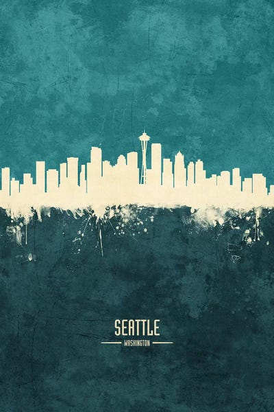 Washington: White On Teal Seattle Washington Skyline by Michael Tompsett
