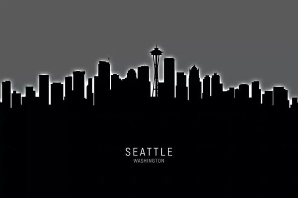 Seattle: Black On Gray Seattle Washington Skyline by Michael Tompsett