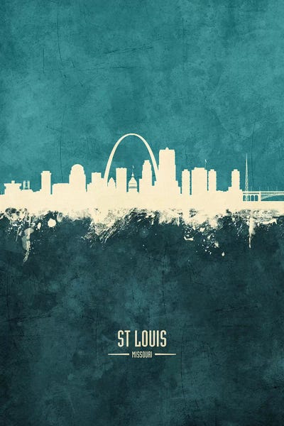 Michael Tompsett: White On Teal St Louis Missouri Skyline by Michael Tompsett