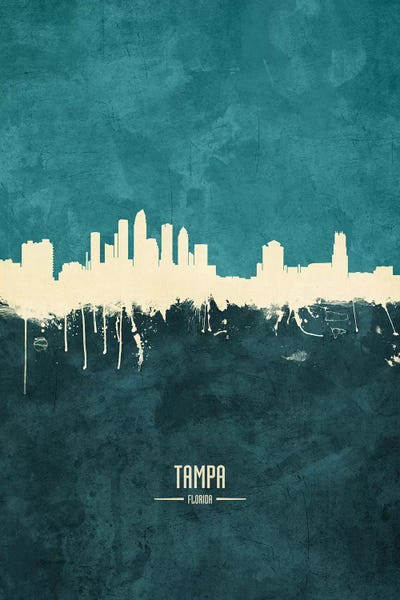 Michael Tompsett: White On Teal Tampa Florida Skyline by Michael Tompsett