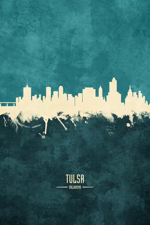 White On Teal Tulsa Oklahoma Skyline by Michael Tompsett wall art