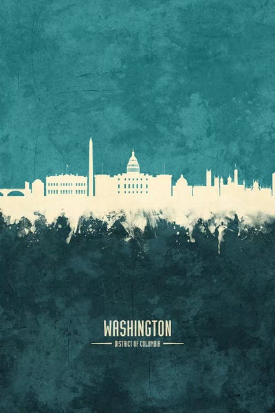 Washington, D.C.: White On Teal Washington DC Skyline by Michael Tompsett