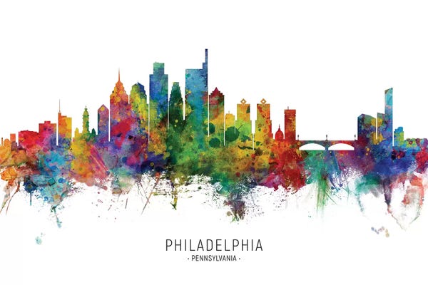 Pennsylvania: Rainbow Splatter Philadelphia Pennsylvania Skyline by Michael Tompsett