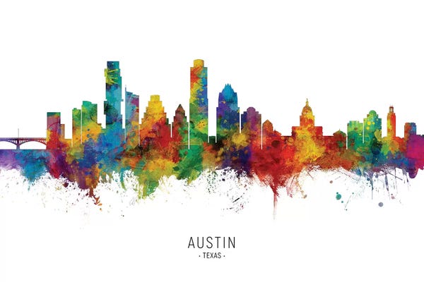 Michael Tompsett: Rainbow Splatter Austin Texas Skyline by Michael Tompsett