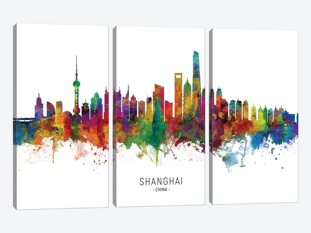 Shanghai China Skyline by Michael Tompsett 3-piece Canvas Art Print