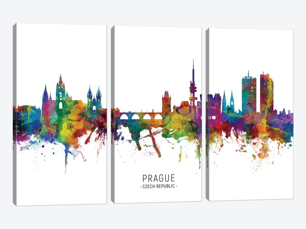 Prague Czech Republic Skyline by Michael Tompsett 3-piece Canvas Wall Art