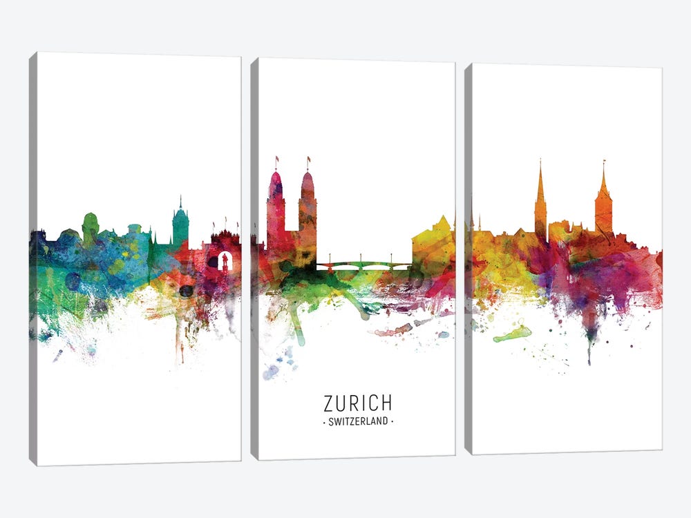 Zurich Switzerland Skyline by Michael Tompsett 3-piece Canvas Art