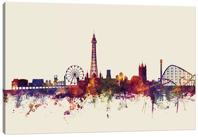 Blackpool, England, United Kingdom On Beige Canvas Art Print - Ferris Wheels
