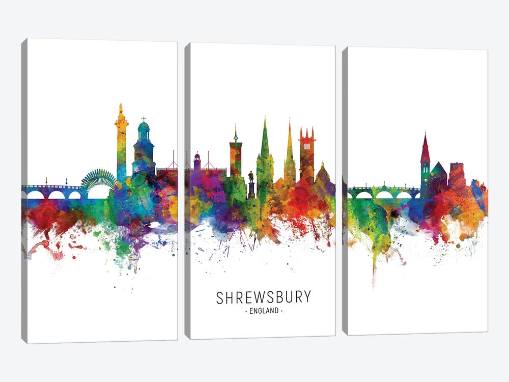 Shrewsbury England Skyline by Michael Tompsett 3-piece Canvas Art Print