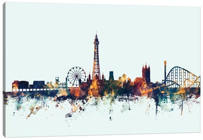 Blackpool, England, United Kingdom On Blue Canvas Art Print - Ferris Wheels