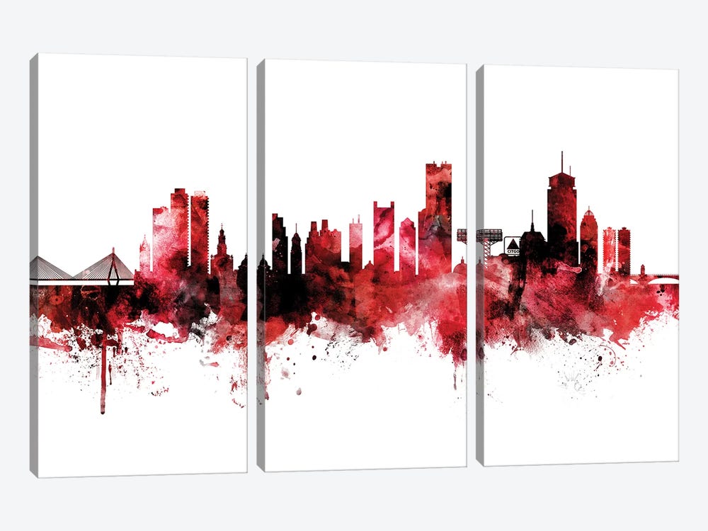 Boston Skyline Red Black by Michael Tompsett 3-piece Canvas Art Print