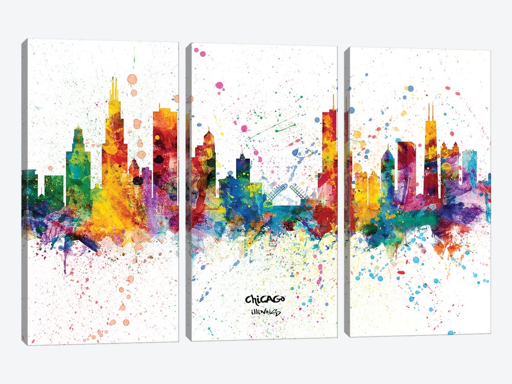Chicago Illinois Skyline Splash by Michael Tompsett 3-piece Canvas Art Print