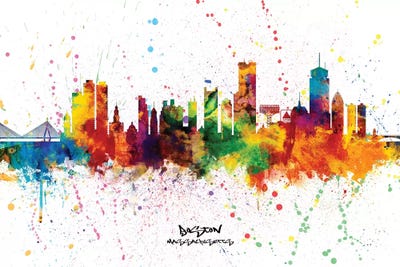 Rainbow Splatter Boston Massachusetts Skyline Splash by Michael Tompsett canvas print
