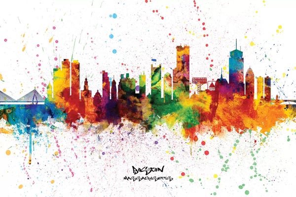 Michael Tompsett: Rainbow Splatter Boston Massachusetts Skyline Splash by Michael Tompsett