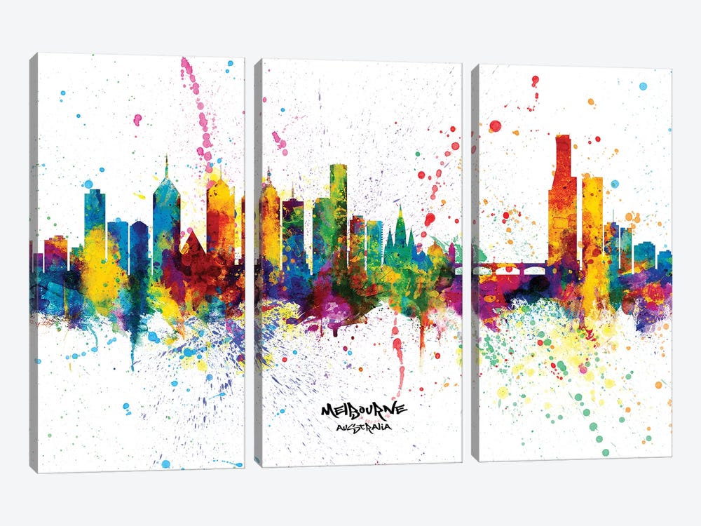 Melbourne Australia Skyline Splash by Michael Tompsett 3-piece Canvas Wall Art