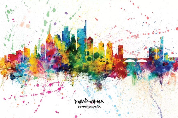 Philadelphia: Rainbow Splatter Philadelphia Pennsylvania Skyline Splash by Michael Tompsett