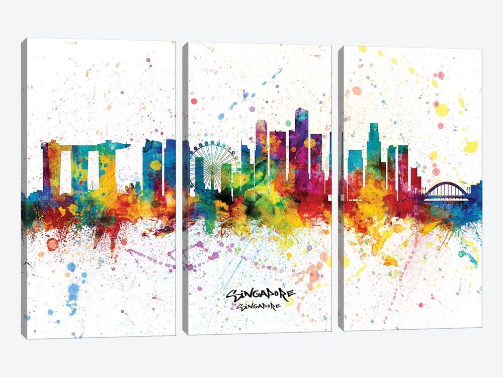 Singapore Singapore Skyline Splash by Michael Tompsett 3-piece Canvas Wall Art