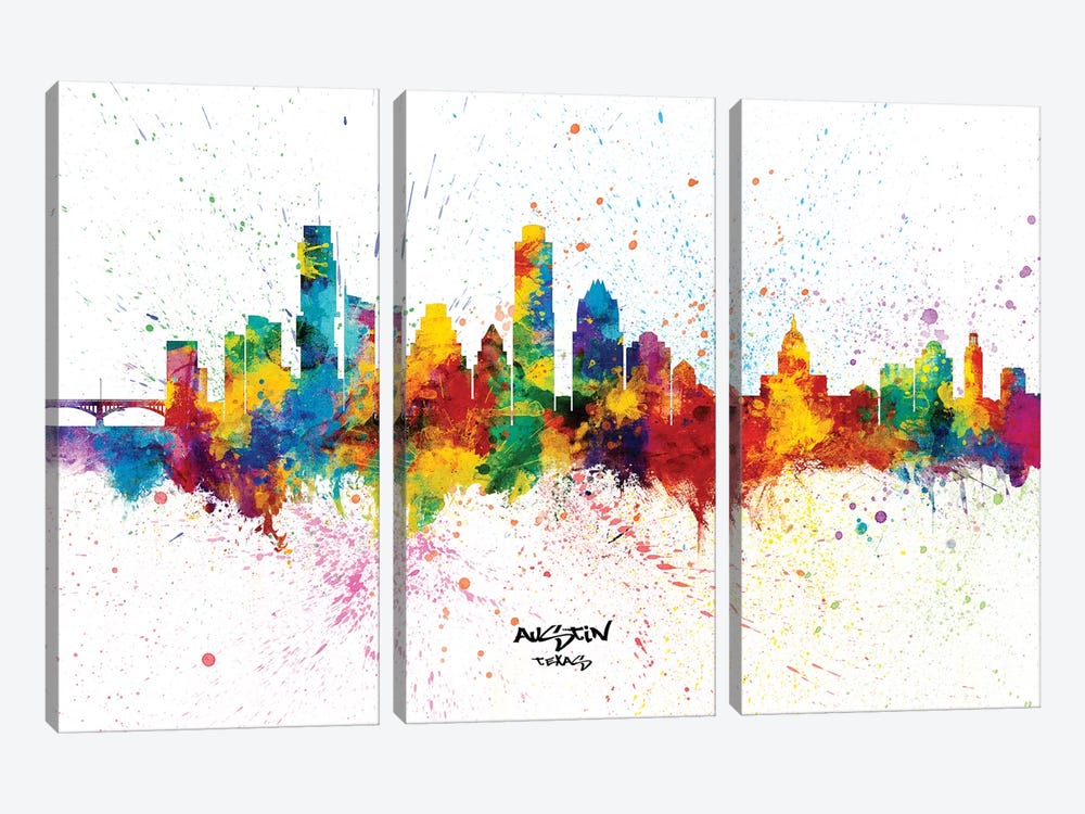 Austin Texas Skyline Splash by Michael Tompsett 3-piece Canvas Print