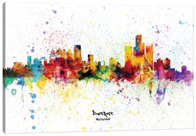Detroit Michigan Skyline Splash Canvas Art Print - Detroit Art
