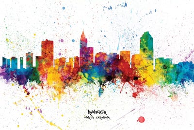 Raleigh North Carolina Skyline Splash by Michael Tompsett metal wall art