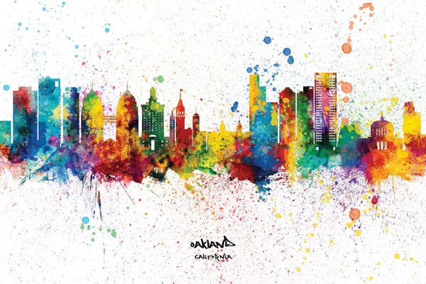 Oakland: Rainbow Splatter Oakland California Skyline Splash by Michael Tompsett