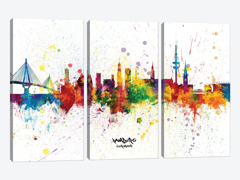 Hamburg Germany Skyline Splash by Michael Tompsett 3-piece Canvas Print