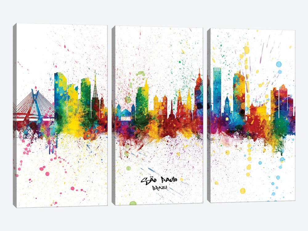 Sao Paulo Brazil Skyline Splash by Michael Tompsett 3-piece Canvas Print