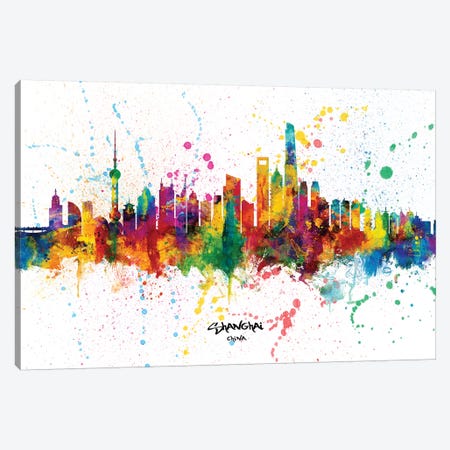 Shanghai China Skyline Splash Canvas Print #MTO2326} by Michael Tompsett Canvas Artwork