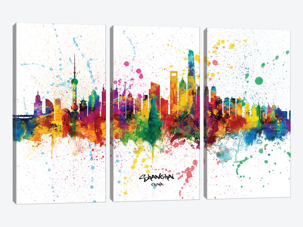 Shanghai China Skyline Splash by Michael Tompsett 3-piece Canvas Art Print