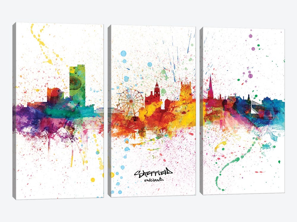 Sheffield England Skyline Splash by Michael Tompsett 3-piece Canvas Art Print