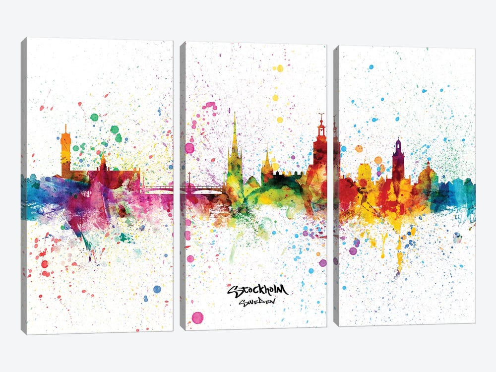 Stockholm Sweden Skyline Splash by Michael Tompsett 3-piece Canvas Artwork