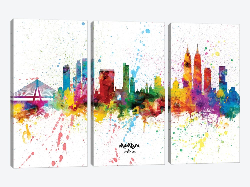Mumbai India Skyline Splash by Michael Tompsett 3-piece Canvas Wall Art