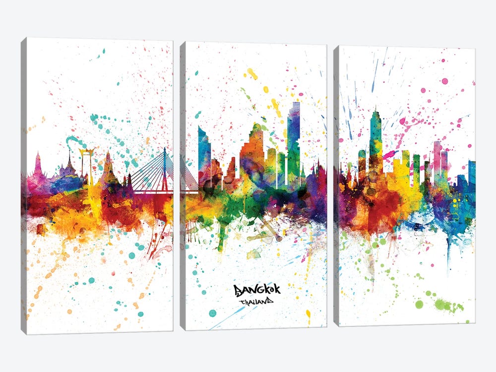 Bangkok Thailand Skyline Splash by Michael Tompsett 3-piece Canvas Art Print