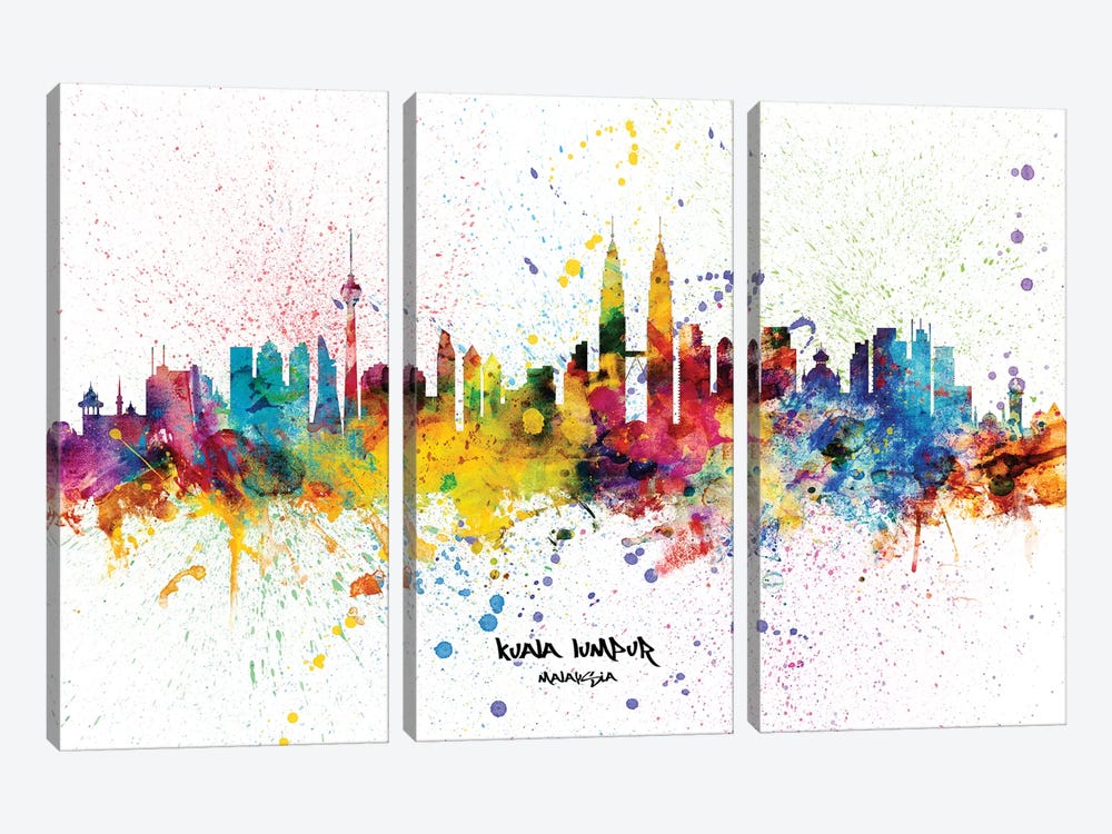 Kuala Lumpur Malaysia Skyline Splash by Michael Tompsett 3-piece Canvas Artwork