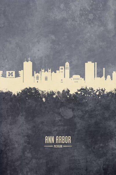 Ann Arbor: Ann Arbor Michigan Skyline Grey by Michael Tompsett