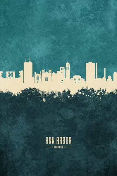 Ann Arbor Michigan Skyline Teal by Michael Tompsett framed wall art