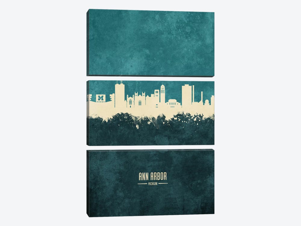 Ann Arbor Michigan Skyline Teal by Michael Tompsett 3-piece Art Print