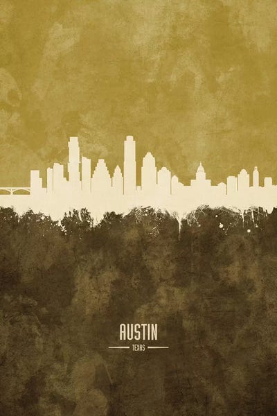 Austin: Austin Texas Skyline Ochre by Michael Tompsett