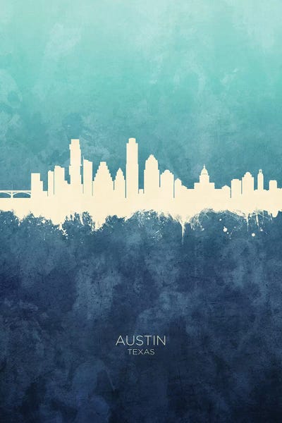 Austin Skylines: Austin Texas Skyline Navy Cyan by Michael Tompsett