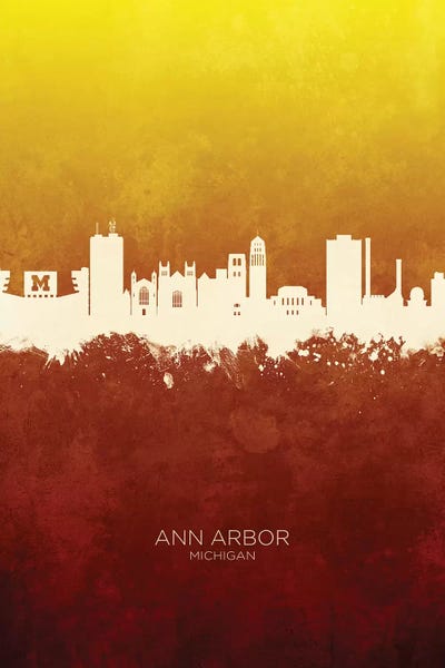 Ann Arbor Michigan Skyline Red Gold by Michael Tompsett framed wall art