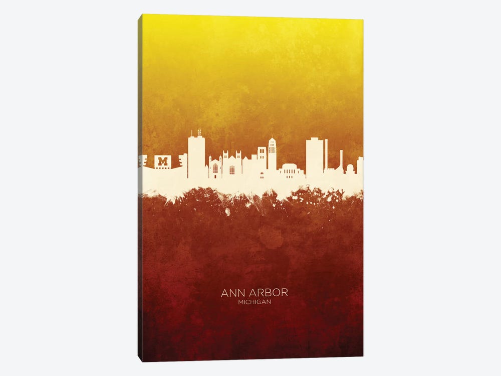 Ann Arbor Michigan Skyline Red Gold by Michael Tompsett 1-piece Canvas Wall Art