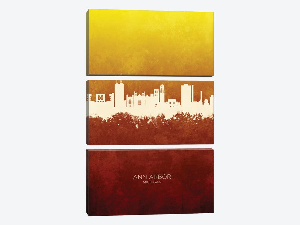 Ann Arbor Michigan Skyline Red Gold by Michael Tompsett 3-piece Canvas Artwork