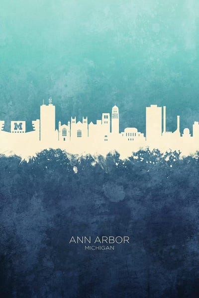 Michigan: Ann Arbor Michigan Skyline Navy Cyan by Michael Tompsett