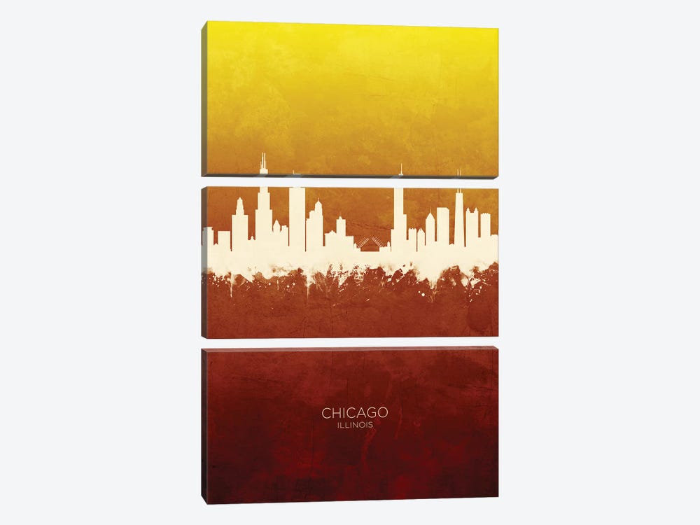 Chicago Illinois Skyline Red Gold by Michael Tompsett 3-piece Canvas Wall Art
