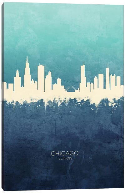 Chicago Illinois Skyline Navy Cyan Canvas Art Print - Chicago Art