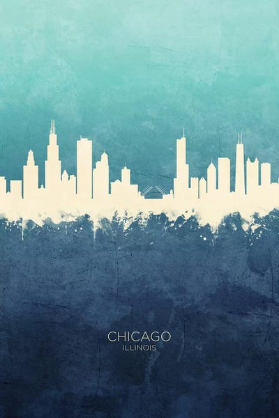 Chicago: Chicago Illinois Skyline Navy Cyan by Michael Tompsett
