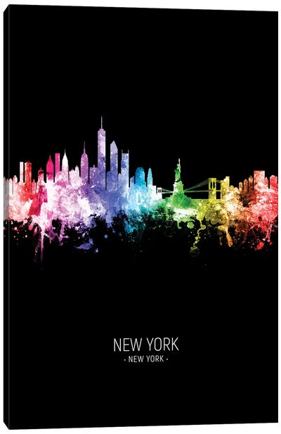 New York Skyline Portrait Rainbow Black Canvas Art Print - Sculpture & Statue Art