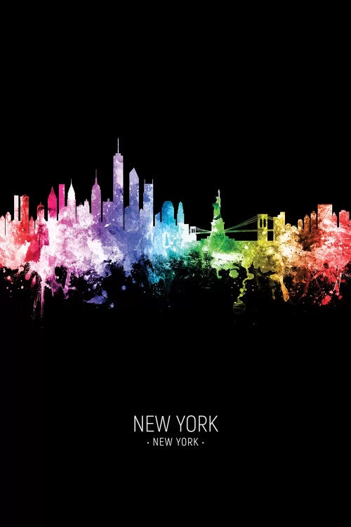 New York Skyline Portrait Rainbow Black