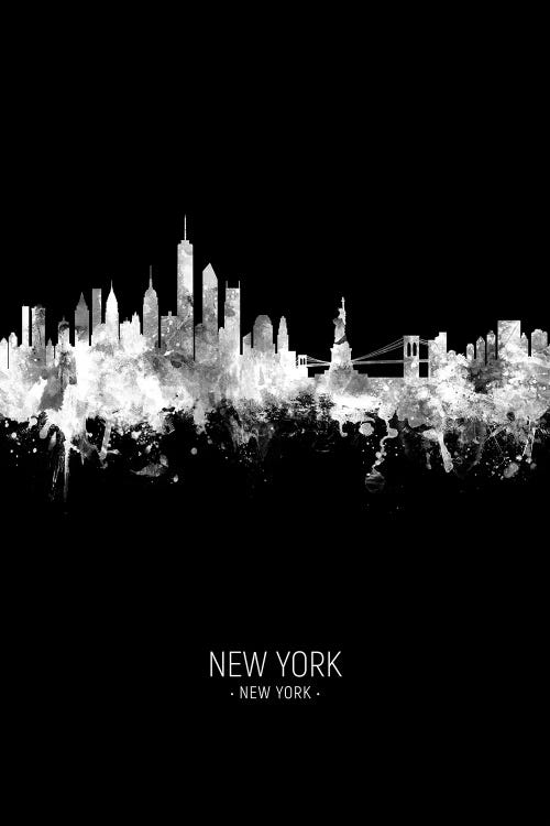 New York Skyline Portrait White On Black